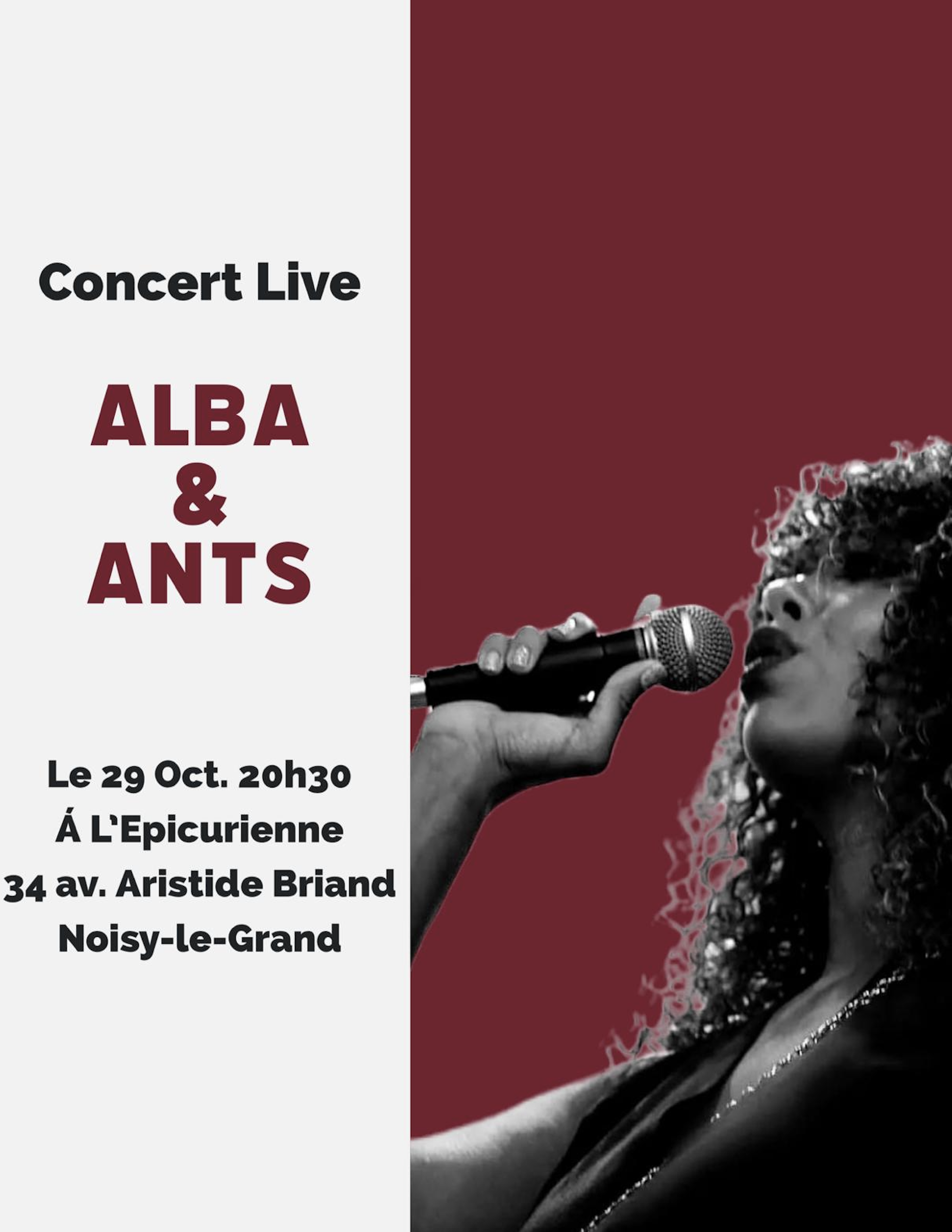 CONCERT INTIMISTE JAZZ-SOUL MUSIC Alba et Anthony vous attendent samedi 29 octobre à partir de 20H30 pour un concert live